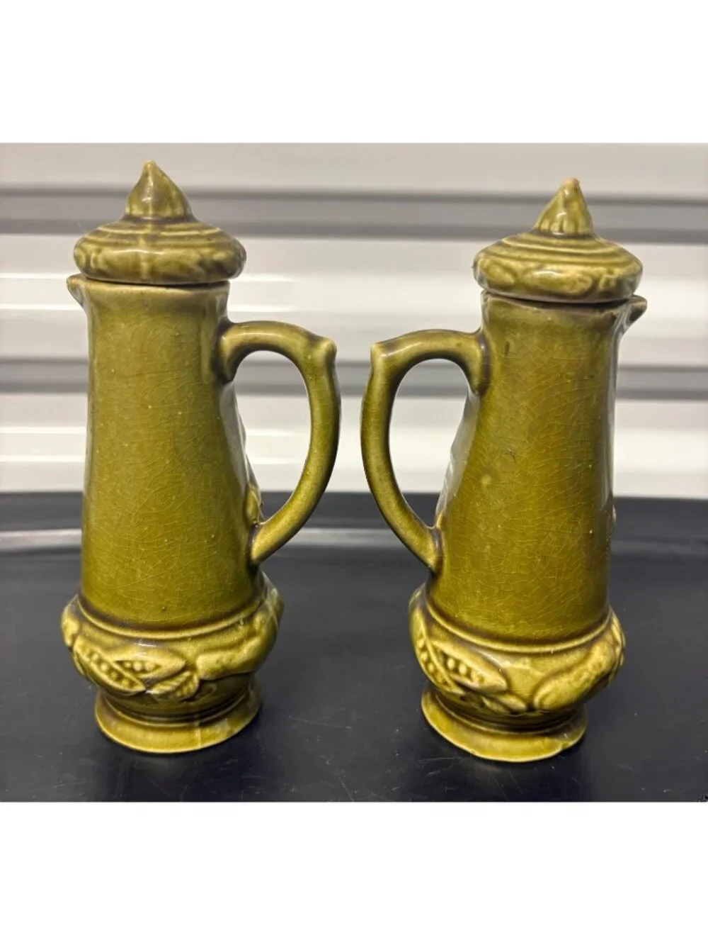 Vintage MCM Green Ceramic Oil & Vinegar Cruet Set Fruit Design Cork Stoppers